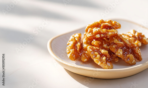 Glossy fresh walnuts on white plate under natural light. generative aI
