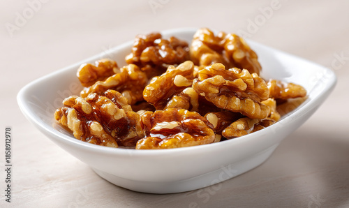 Glossy fresh walnuts on white plate under natural light. generative aI