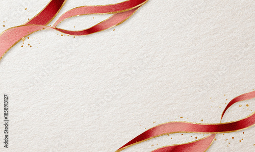 Elegant Red Ribbon with Gold Edges Flowing over Textured White Paper Background for Festive and Celebration Themes. generative aI