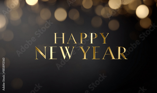 Elegant Happy New Year Text with Golden Bokeh Lights on Dark Background for Festive Celebration. generative aI
