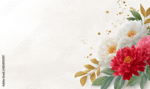 Elegant Korean Traditional Peony Flowers with Gold Leaves on Textured Cream Background . generative aI