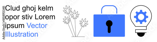 Data security, creativity, innovation, digital protection, intellectual property, minimalist design. A blue lock, gear inside a bulb and decorative plants. Data security and creativity concepts