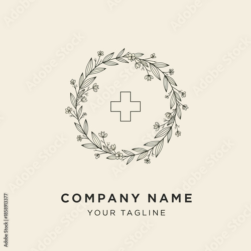 Elegant Botanical Wreath with Cross Symbol Logo Design.