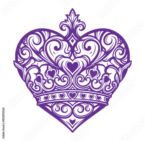 Purple heart shaped crown with intricate designs and hearts on white background