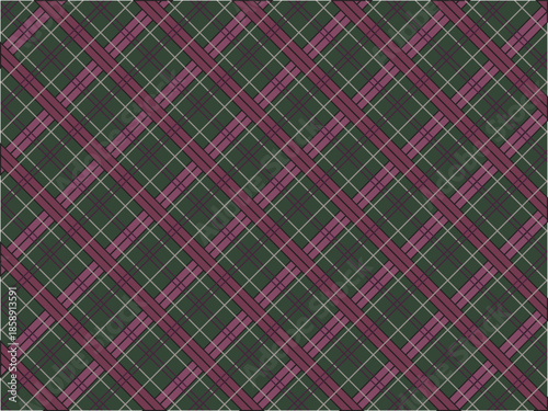 Seamless tartan plaid pattern with repeating diagonal check grid in green and pink tones. Classic textile texture inspired by traditional Scottish plaid, suitable for fabric design, fashion, wallpaper