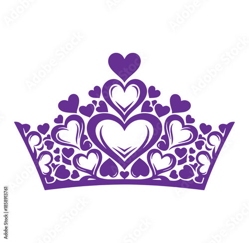 Purple heart shaped tiara crown with multiple small and large hearts isolated on white background