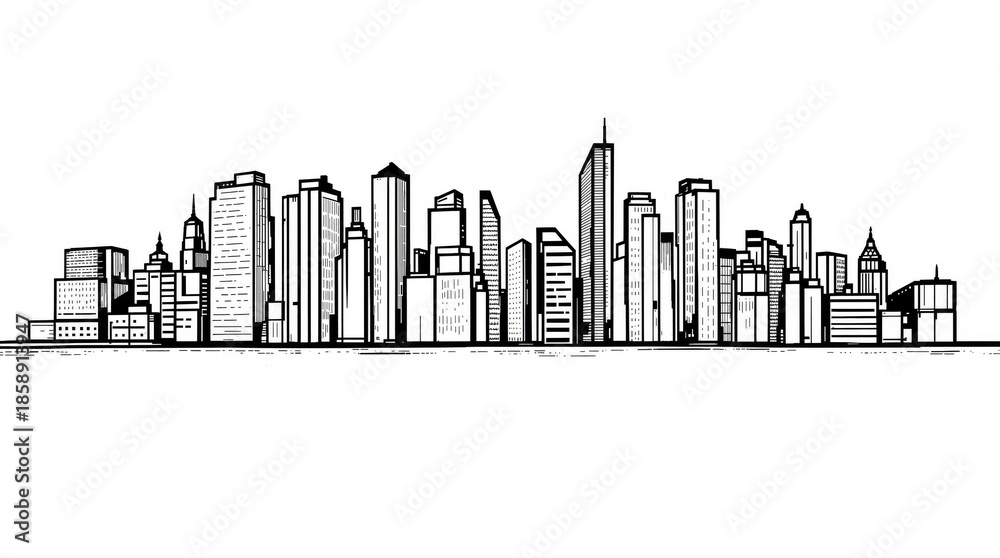 Fototapeta premium Modern City Skyline Hand-Drawn Illustration