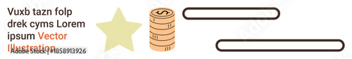 Rating systems, reviews, finance, tracking progress, statistics, and surveys. Star icon, coin stack and text placeholders. Rating systems and reviews clearly