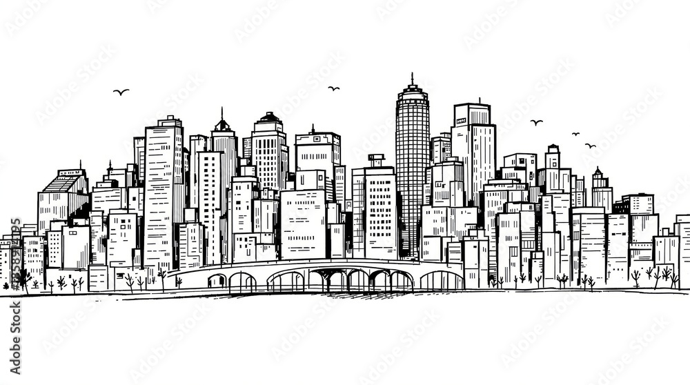 Obraz premium Hand Drawn City Skyline with Bridge