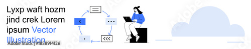Digital transformation, workflow, cloud computing, online learning, productivity, teamwork. Woman working on laptop beside process arrows and cloud. Digital transformation and workflow concepts