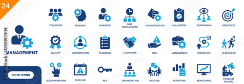Management icon. Includes manager, teamwork, supervision, organization, problem solving. Solid vector icon set.