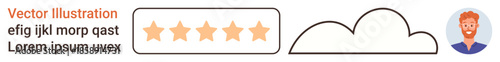 Customer feedback, user experience, data storage, cloud services, reviews, and ratings. A five-star review, a cloud symbol and a user avatar. Customer feedback and user experience