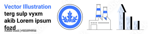 Sustainability, urban development, energy production, eco-friendly solutions, industrial innovation, and energy efficiency. Blue energy symbol, factory and buildings. Sustainability and urban