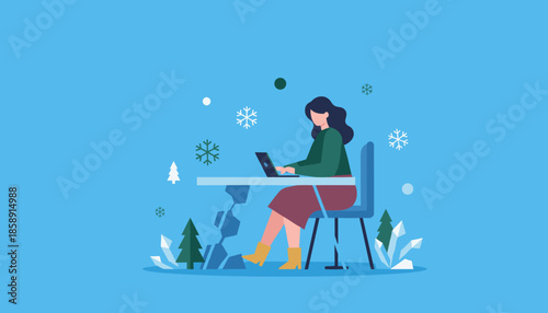 Woman working remotely on laptop in a stylized winter setting Technology and holiday season concept