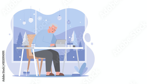 Senior man works remotely on a laptop at home during the peaceful winter holidays illustration