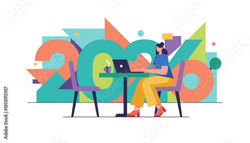 Remote work concept woman using laptop surrounded by vibrant geometric shapes