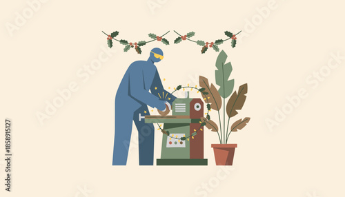 Worker operates festive factory machine decorated with Christmas lights and holly