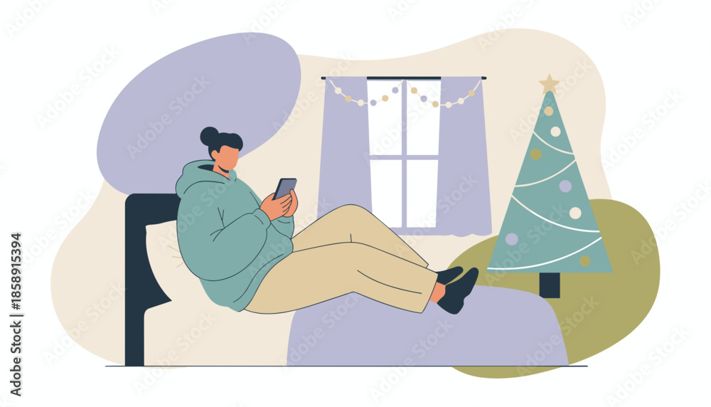 Obraz premium A person relaxes in bed using a phone near a Christmas tree Cozy home lifestyle and holiday shopping concept