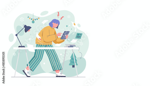 Stressed worker dealing with a cracked tablet and burnout during holiday season deadlines