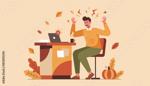 Frustrated office worker experiencing work stress and tech failure at his autumn desk Depicts burnout and anger concept
