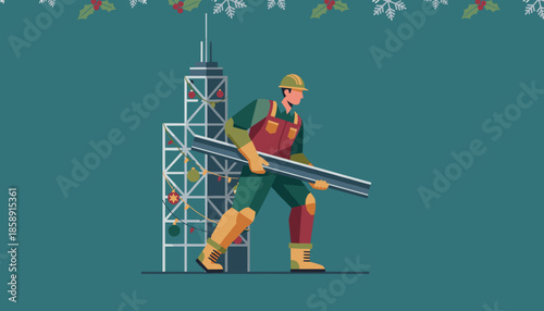 Festive industry worker carrying material by decorated construction structure Holiday labor illustration