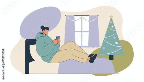 A person relaxes in bed using a phone near a Christmas tree Cozy home lifestyle and holiday shopping concept