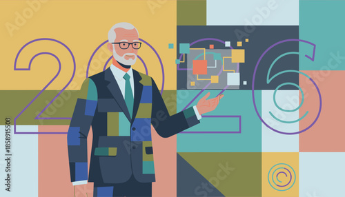 Senior professional presenting future strategy 2026 with abstract data graphics
