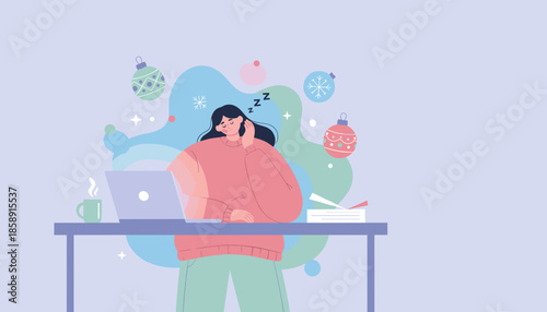 Tired woman works on laptop during holiday season feeling sleepy or burned out