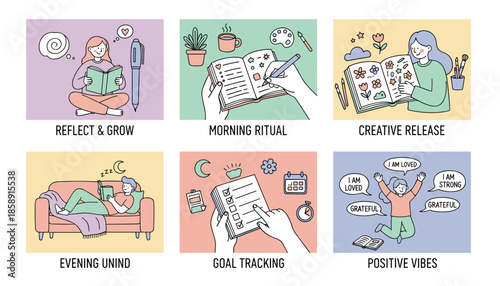 Selfcare and personal growth illustration set Journaling morning routines tracking goals and positive mental health