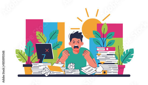 Overwhelmed businessman yelling surrounded by paperwork and an error screen representing work pressure and stress