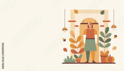 Person in apron surrounded by fall plants and pumpkins Autumn illustration