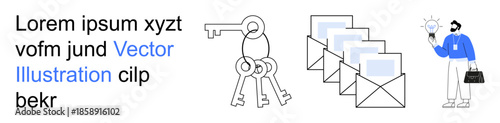 Information security, digital communication, solution brainstorming, email management, access control, data protection. Keys, envelopes and a man brainstorming a solution. Information security