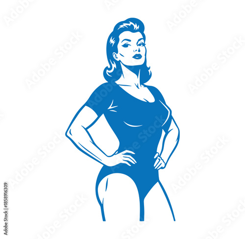 a blue illustration of a woman in a leotard with her hands on her hips