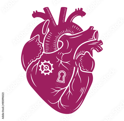 Anatomical heart with gear and keyhole on the organ