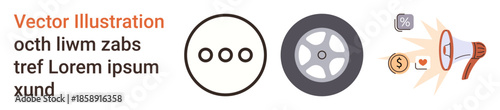 Marketing, communication, automotive design, advertising, branding, abstract icons. Visual elements include a circle with dots, a wheel and a megaphone. Marketing and communication concept