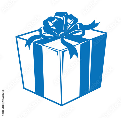 Blue and white gift box with ribbon tied around top for presents