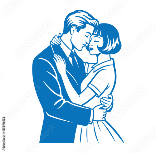blue illustration of a man and woman embracing and kissing each other