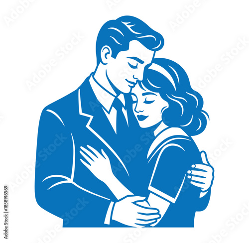 blue illustration of a man and woman embracing each other closely