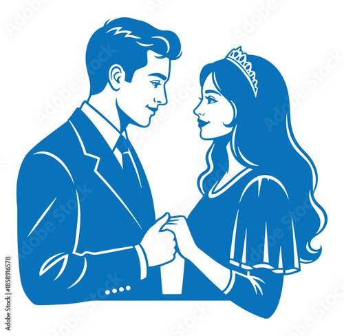 blue illustration of a man and woman holding hands and looking at each other romantically