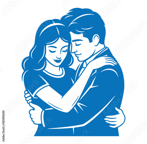 blue illustration of a man and woman hugging each other tightly