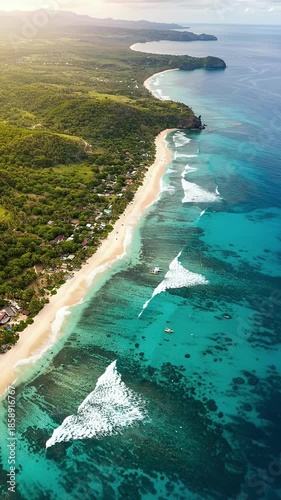Tropical Beach Paradise With Lush Green Trees Turquoise Water Sunset