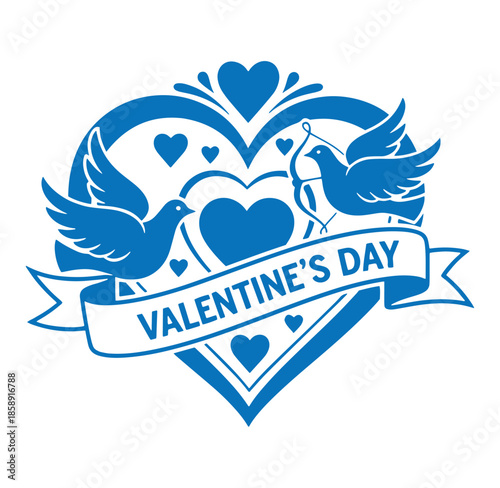 blue valentines day heart with doves and banner  love symbol