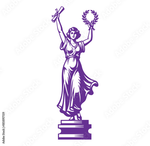 Purple illustration of a woman in a toga holding a scroll and laurel wreath on a pedestal