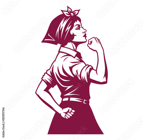 Rosie the Riveter style woman in strong determined pose with fist up  symbol of female empowerment and strength