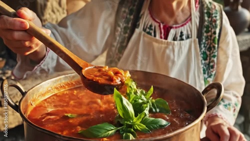 Woman cooking with fresh ingredients near open fire