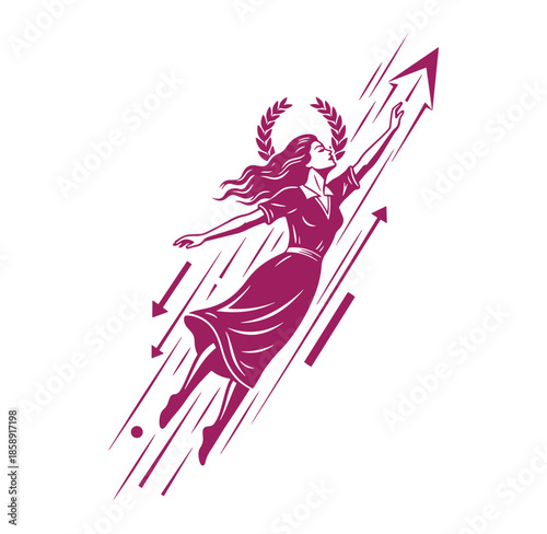 Woman in dress flying up with rising arrow and laurel wreath on head