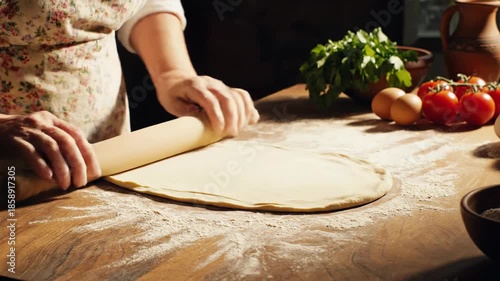 Woman rolling dough on wooden surface preparation cooking process