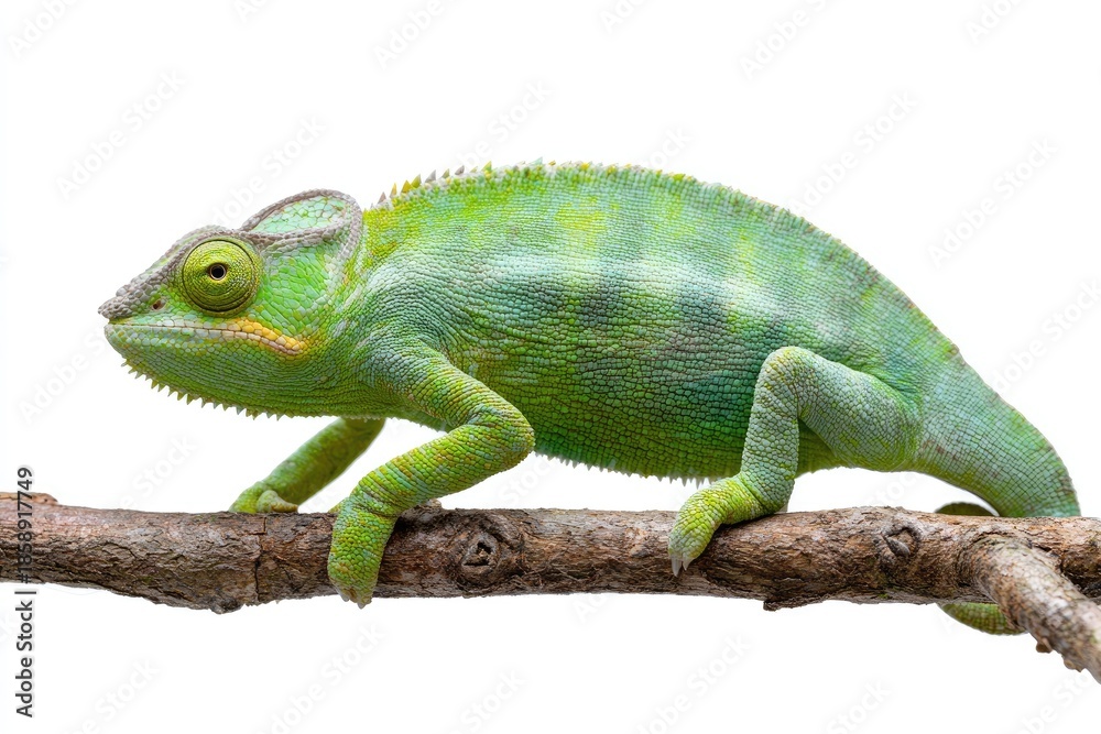 Fototapeta premium Green chameleon perched on a branch isolated against a white background