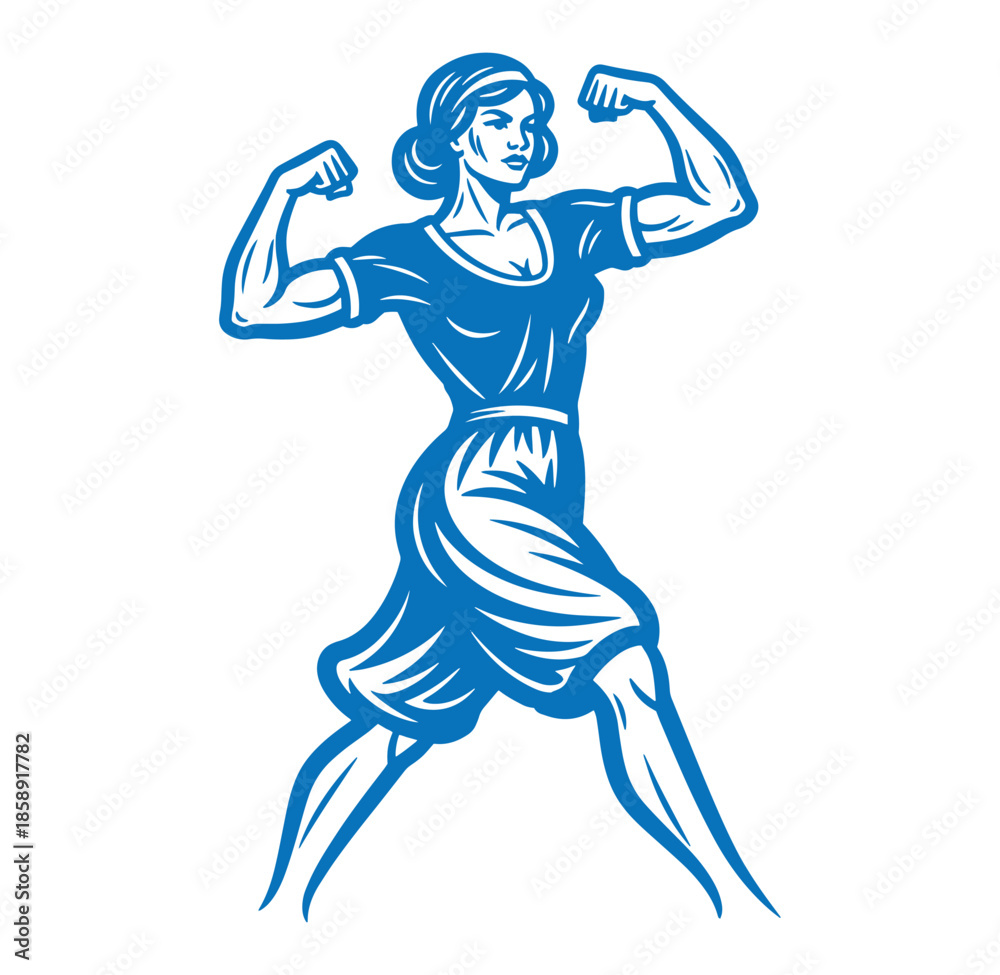 Fototapeta premium blue illustration of a strong woman flexing her muscles in a dress powerful female symbol