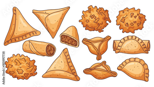 Traditional Fried Snacks Illustration Set, Crispy Samosa, Spring Rolls, and Empanada Vector Icons Isolated on White